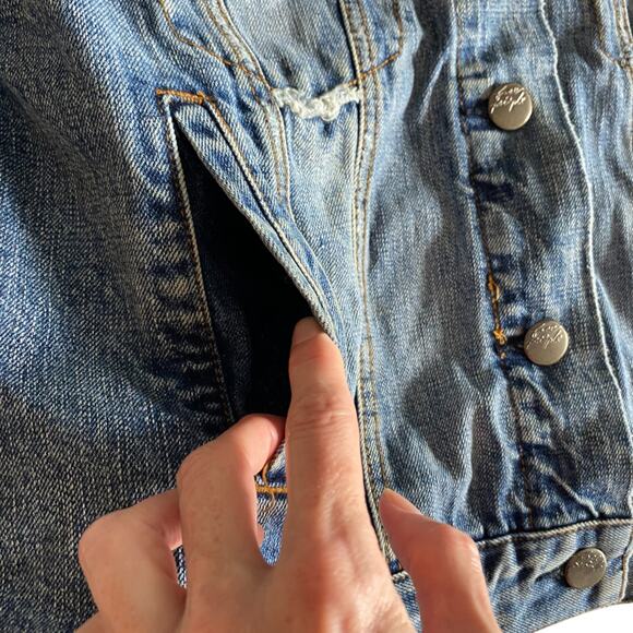 Free People : Brass-tone Studded Patchwork Distressed Boho Denim Jacket : XS - Picture 9 of 16